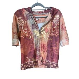 Bit & Bridle Multicolor Embroidered Cotton Hoodie Short Sleeved Full Zip Large